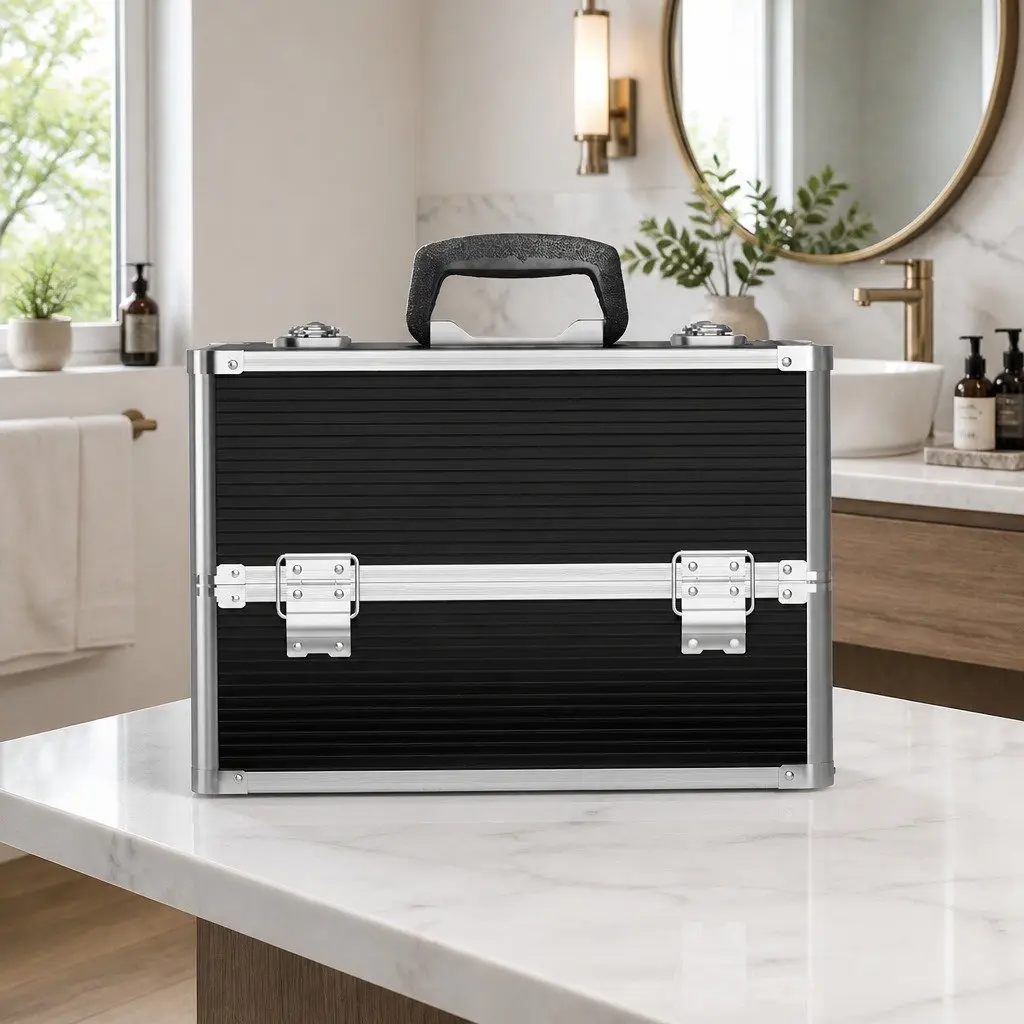 Portable Makeup Case Black Adjustable Compartments