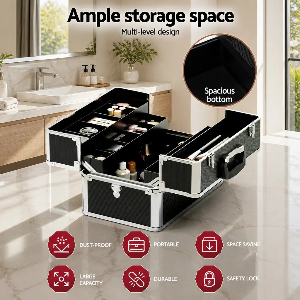 Portable Makeup Case Black Adjustable Compartments