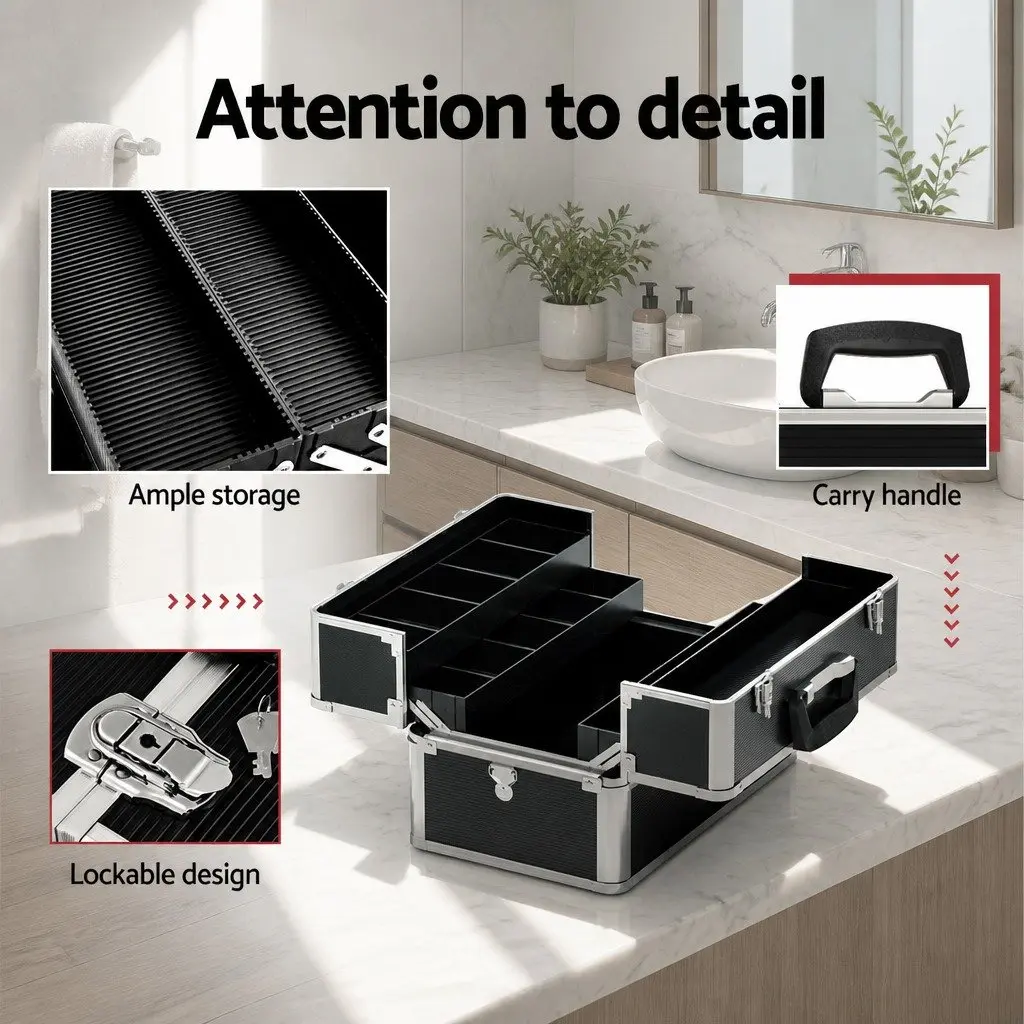 Portable Makeup Case Black Adjustable Compartments