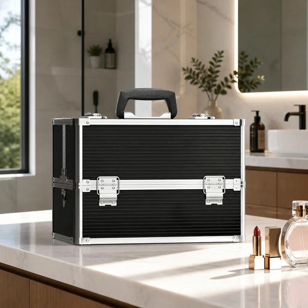 Portable Makeup Case Black Adjustable Compartments