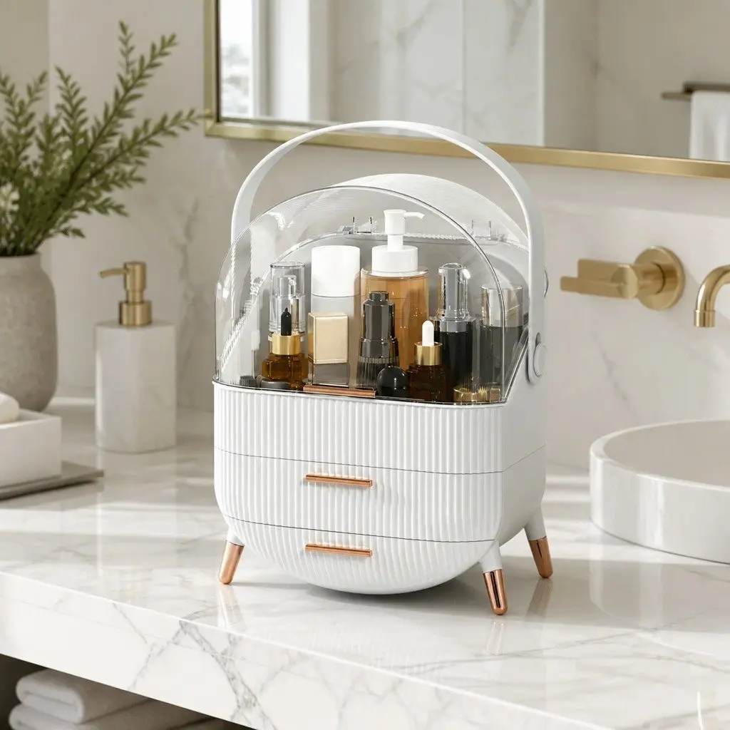 Makeup Organizer White Portable Cosmetic Storage Box with Drawers