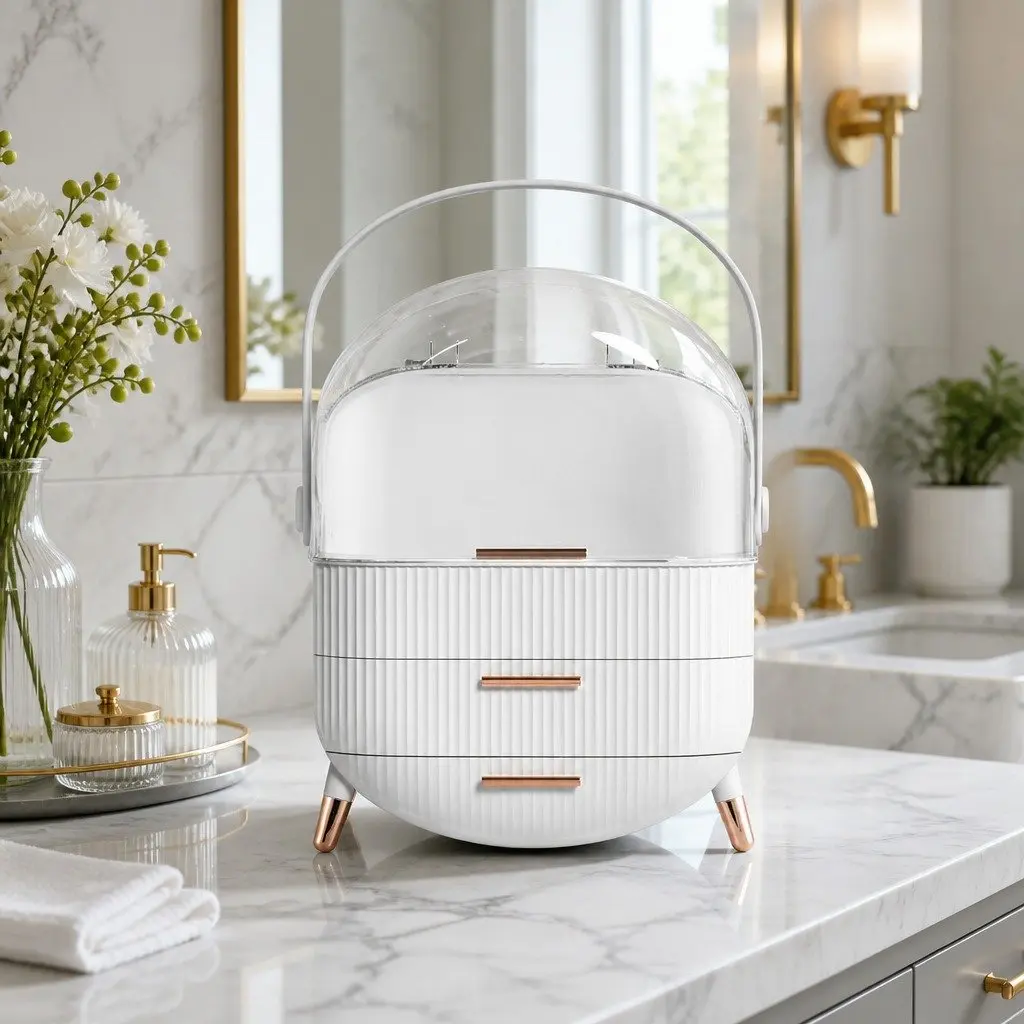 Makeup Organizer White Portable Cosmetic Storage Box with Drawers