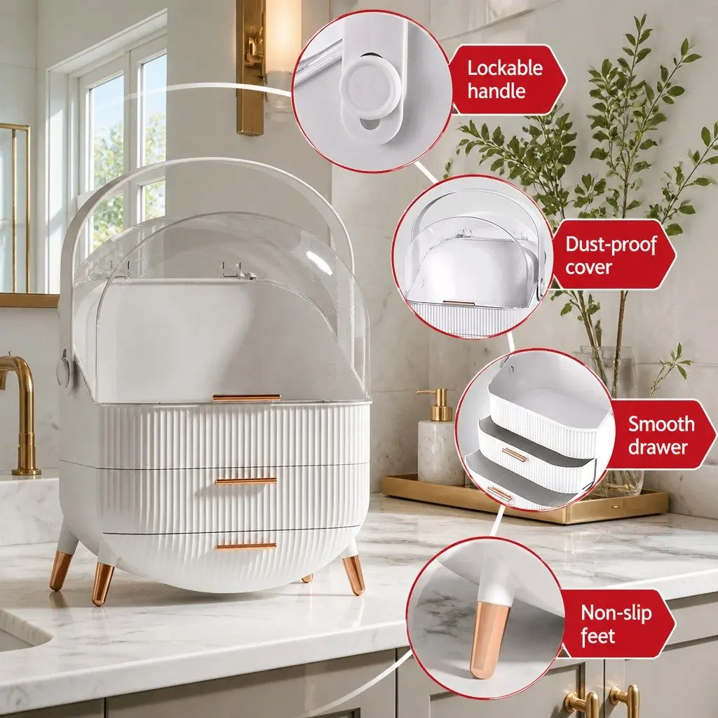 Makeup Organizer White Portable Cosmetic Storage Box with Drawers