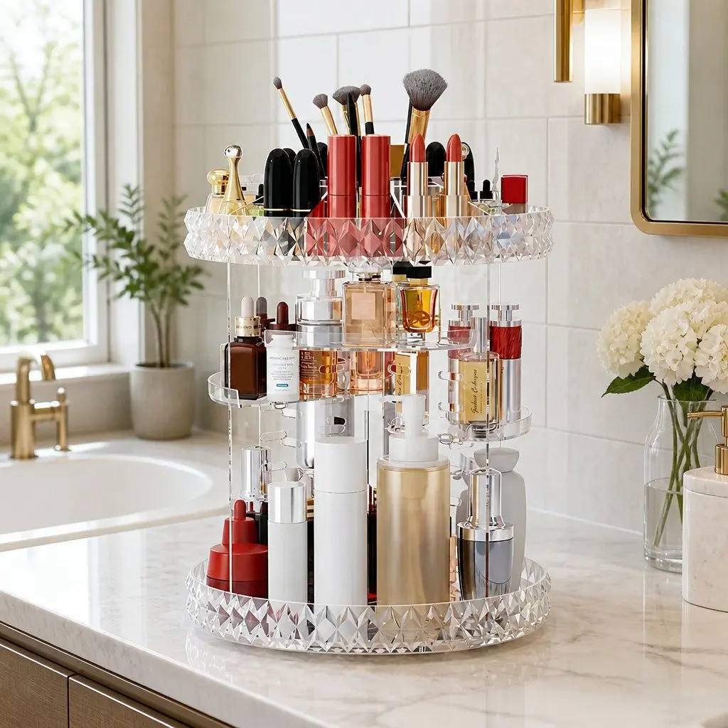 Makeup Organizer Clear Acrylic 360 Degree Rotating Adjustable Layers