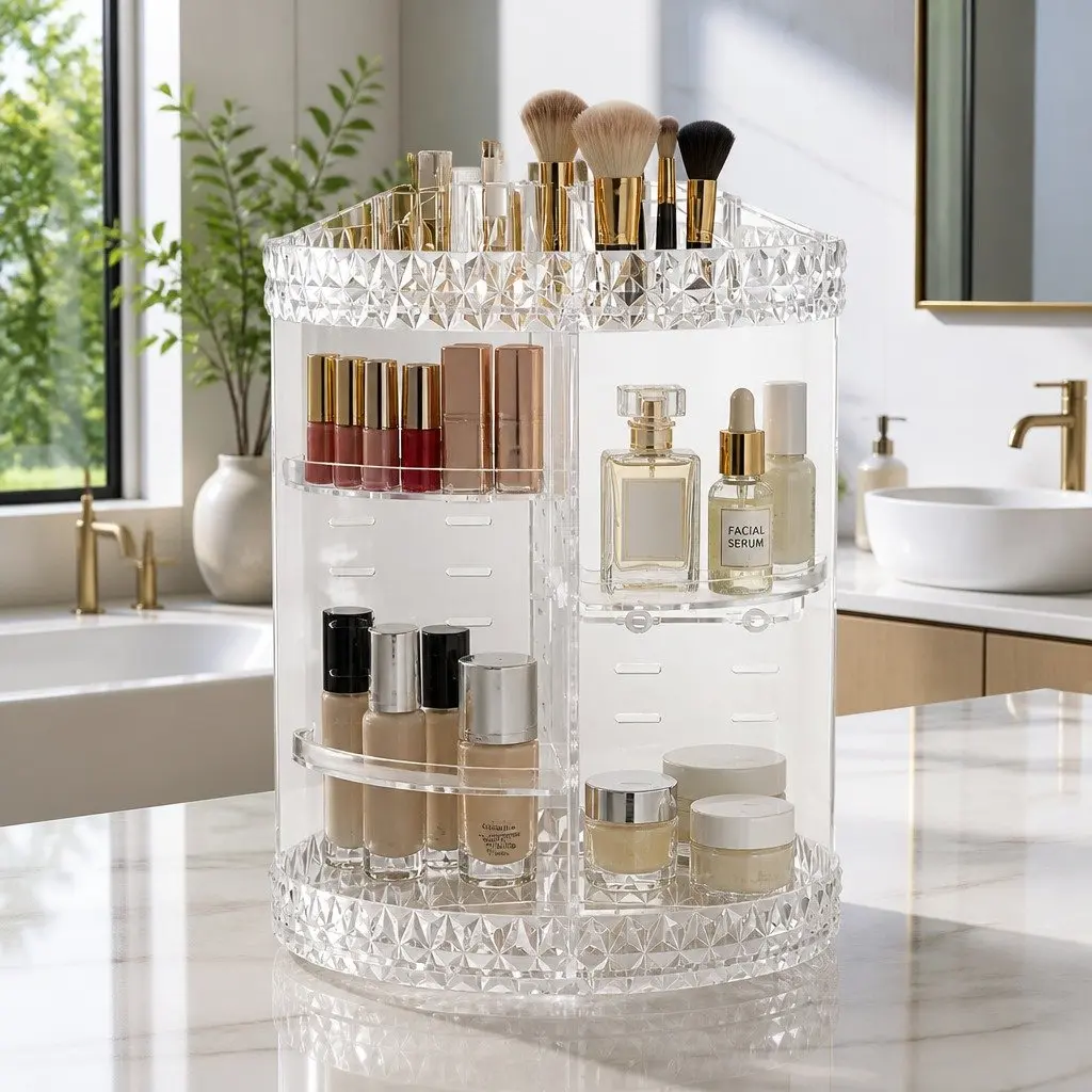 Makeup Organizer Clear Acrylic 360 Degree Rotating Adjustable Layers