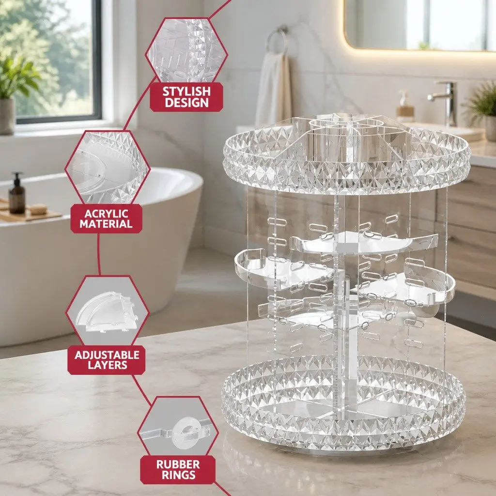 Makeup Organizer Clear Acrylic 360 Degree Rotating Adjustable Layers