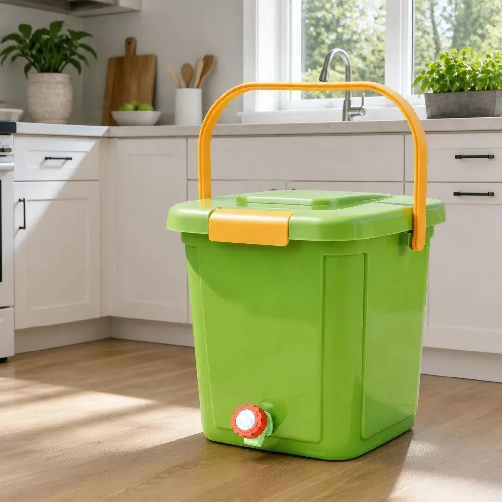 Kitchen Compost Caddy Green 15L Square Drain Tap Inner Cover Carry Handle