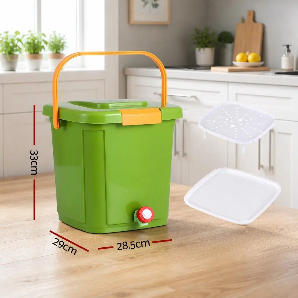 Kitchen Compost Caddy Green 15L Square Drain Tap Inner Cover Carry Handle