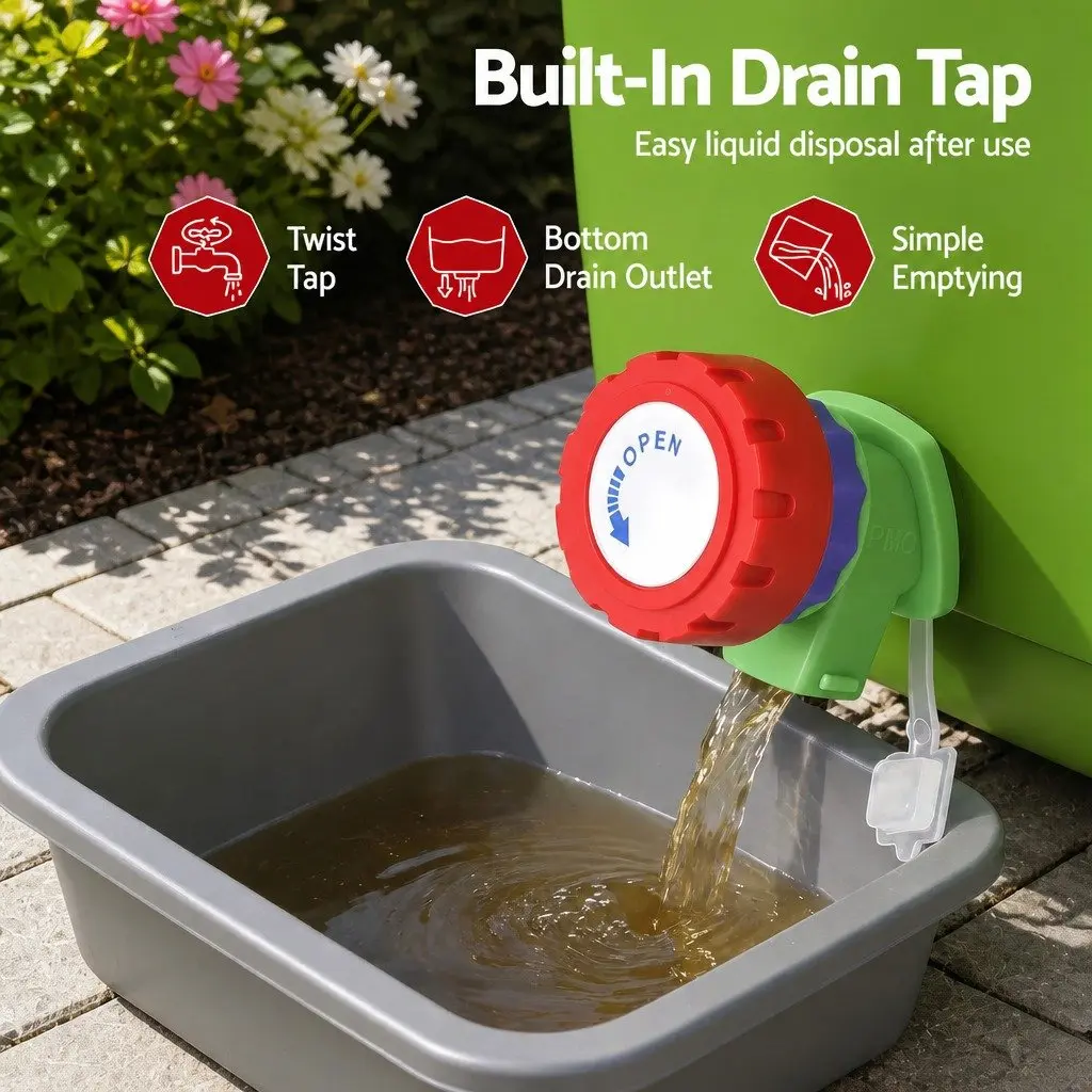 Kitchen Compost Caddy Green 15L Square Drain Tap Inner Cover Carry Handle