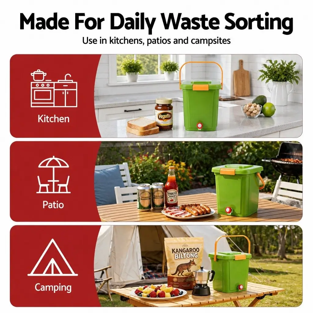 Kitchen Compost Caddy Green 15L Square Drain Tap Inner Cover Carry Handle