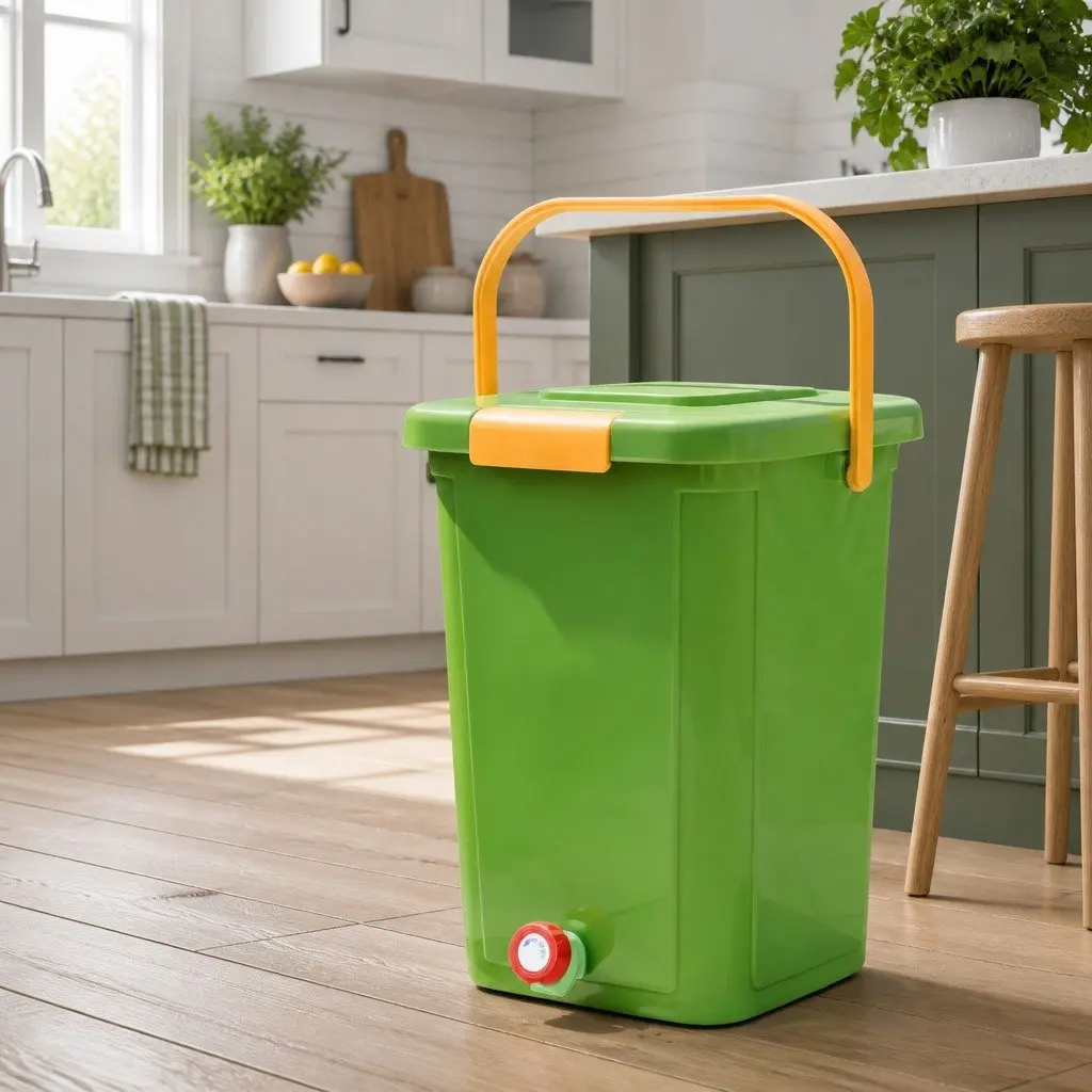 Kitchen Compost Bin Green 20L Square 3-Compartment Sorting System with Drain Tap Removable Tray