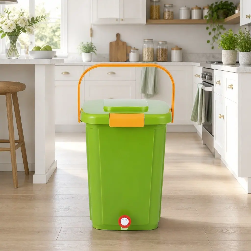 Kitchen Compost Bin Green 20L Square 3-Compartment Sorting System with Drain Tap Removable Tray