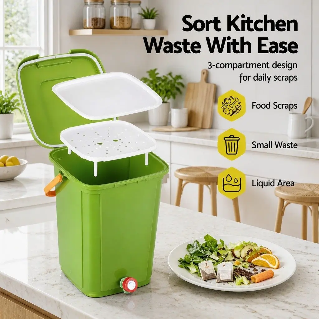 Kitchen Compost Bin Green 20L Square 3-Compartment Sorting System with Drain Tap Removable Tray