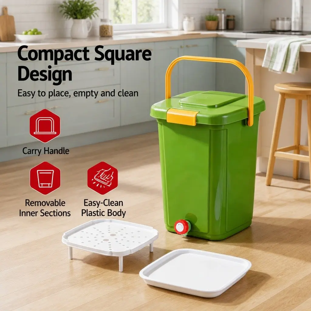 Kitchen Compost Bin Green 20L Square 3-Compartment Sorting System with Drain Tap Removable Tray