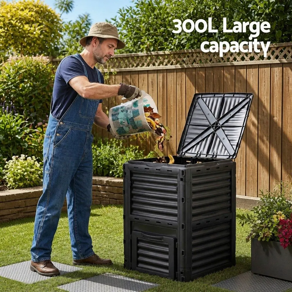300L Outdoor Compost Bin Black Dual Chamber Easy Turn