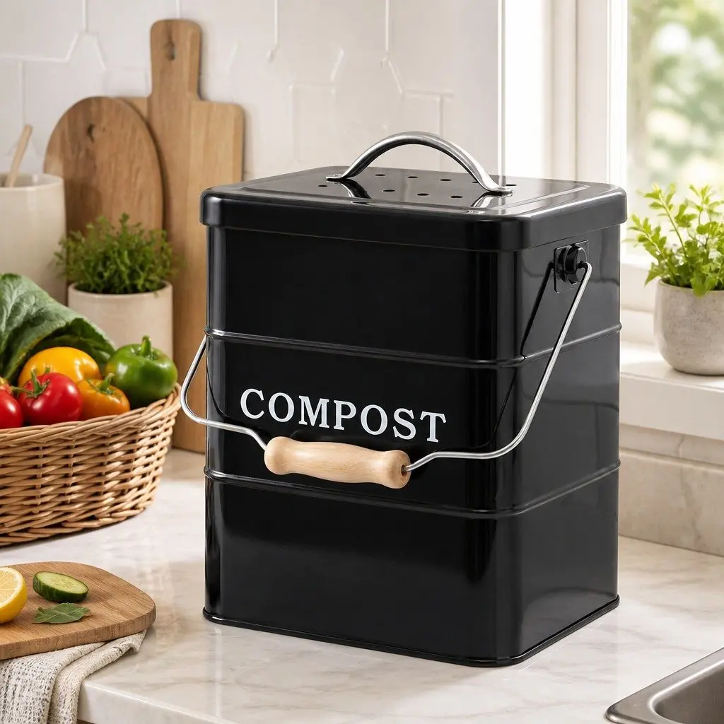 Kitchen Compost Bin Black 5L Ventilated Odour Reducing Countertop Food Waste Caddy