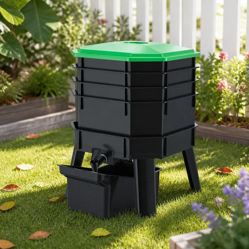 Compost Bin Black Green 4-Tray Stackable Worm Farm with Liquid Fertiliser Tap