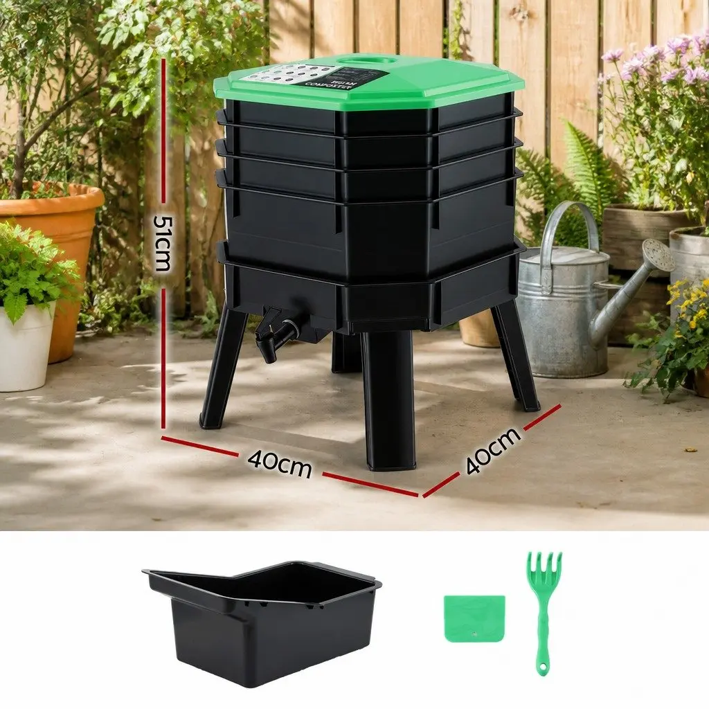Compost Bin Black Green 4-Tray Stackable Worm Farm with Liquid Fertiliser Tap