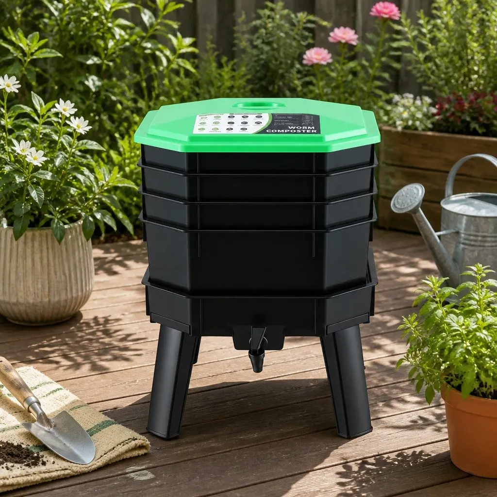 Compost Bin Black Green 4-Tray Stackable Worm Farm with Liquid Fertiliser Tap