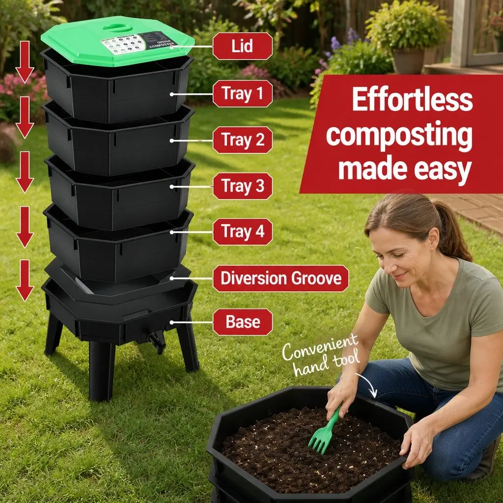 Compost Bin Black Green 4-Tray Stackable Worm Farm with Liquid Fertiliser Tap