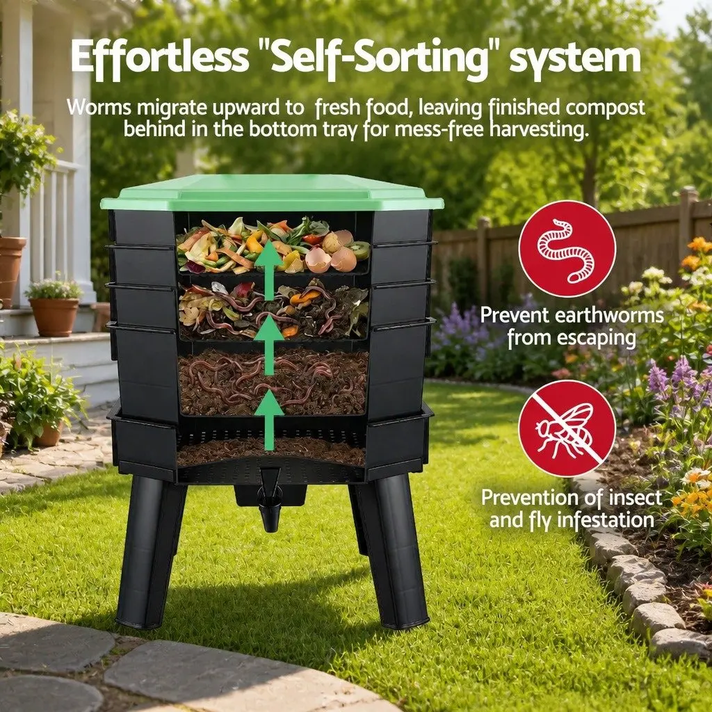 Compost Bin Black Green 4-Tray Stackable Worm Farm with Liquid Fertiliser Tap
