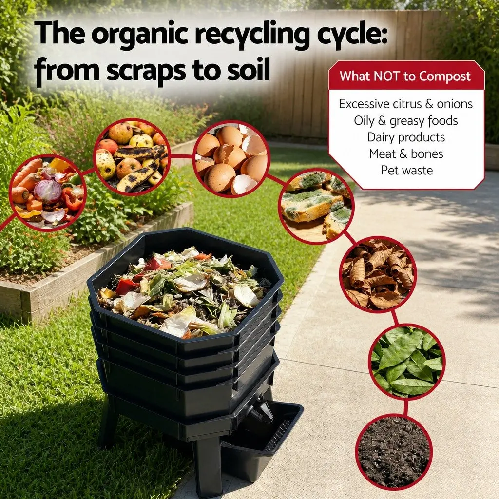 Compost Bin Black Green 4-Tray Stackable Worm Farm with Liquid Fertiliser Tap