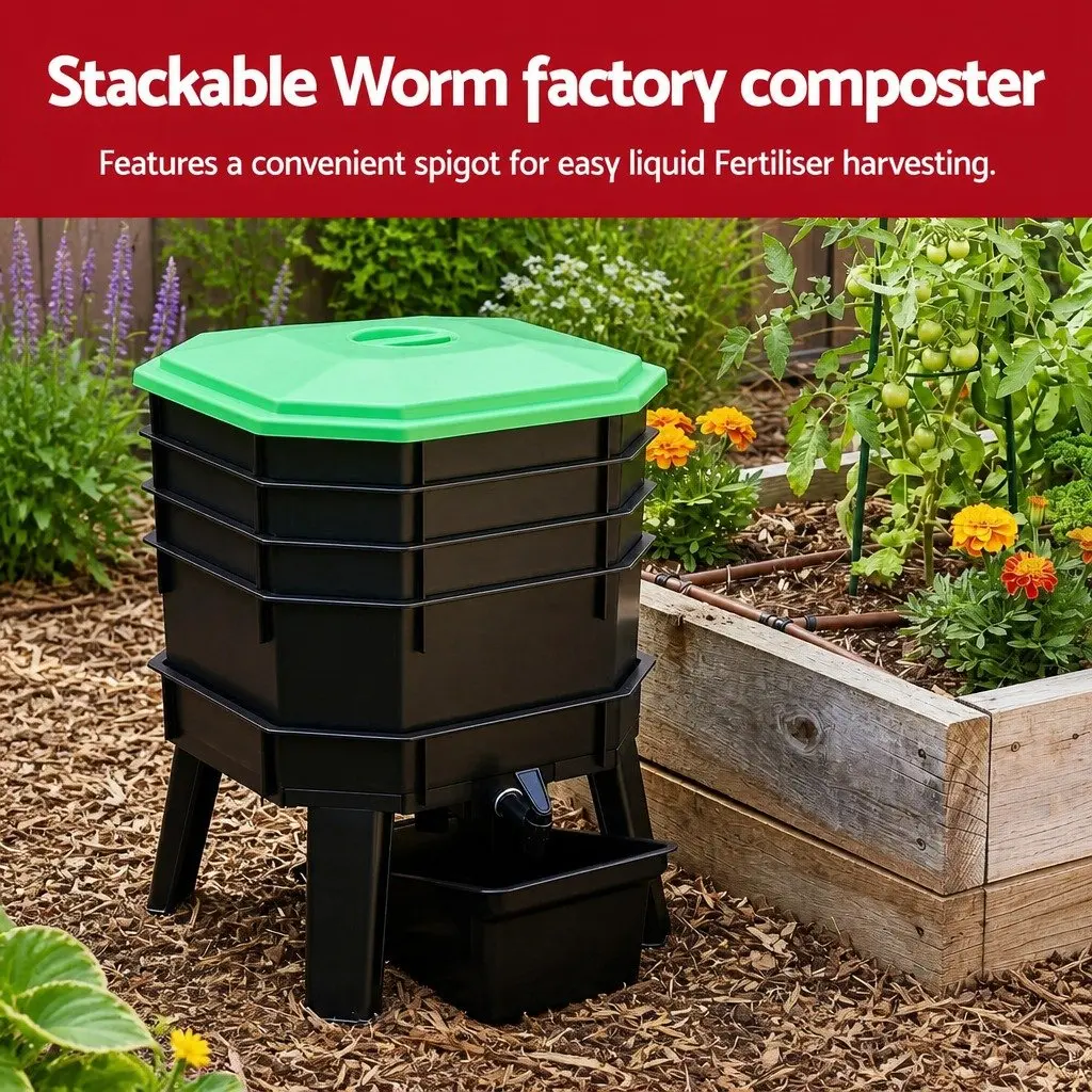Compost Bin Black Green 4-Tray Stackable Worm Farm with Liquid Fertiliser Tap