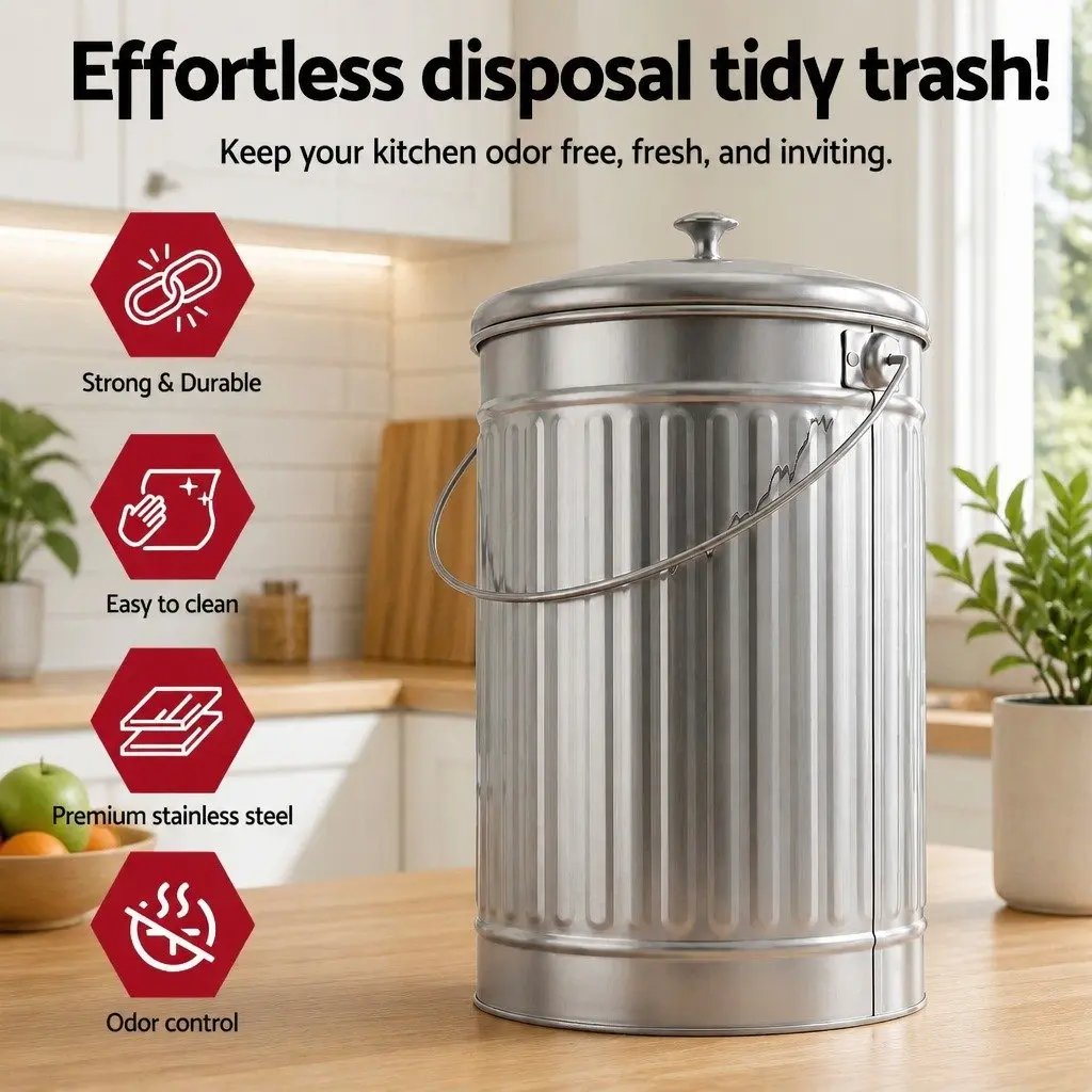 Countertop Compost Bin Silver 6L Ventilated Lid Kitchen Food Waste Caddy