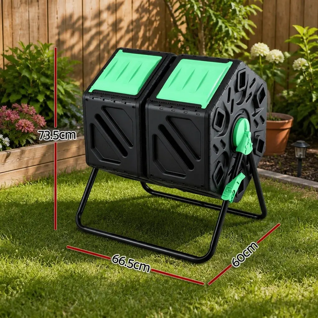 Dual-Chamber Compost Bin Black Green 130L Rotating Tumbler Garden Waste Composter