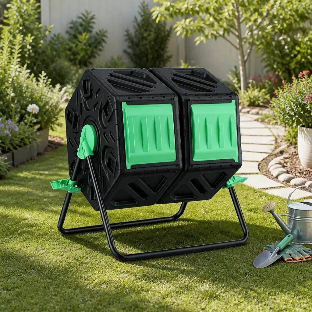 Dual-Chamber Compost Bin Black Green 130L Rotating Tumbler Garden Waste Composter