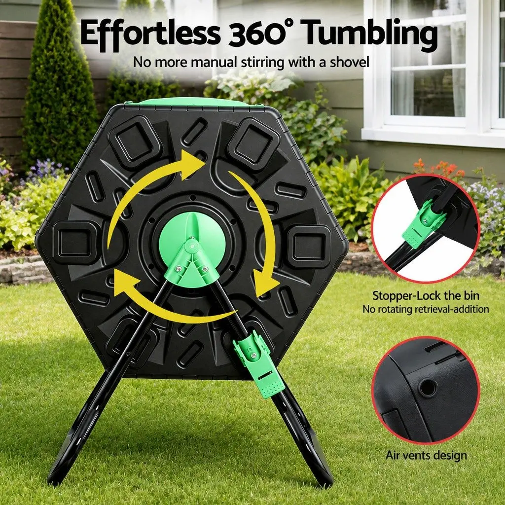 Dual-Chamber Compost Bin Black Green 130L Rotating Tumbler Garden Waste Composter
