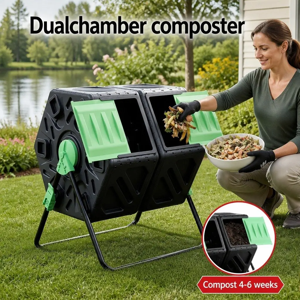 Dual-Chamber Compost Bin Black Green 130L Rotating Tumbler Garden Waste Composter