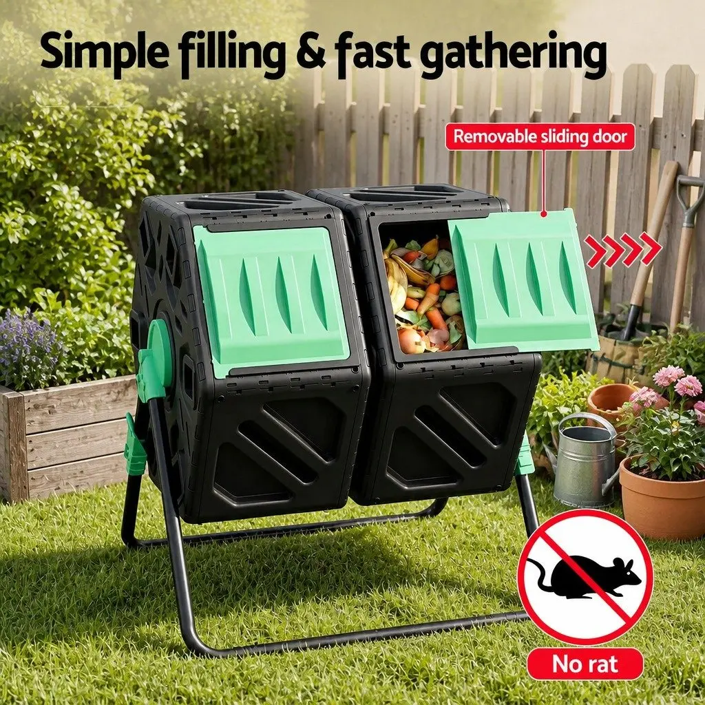 Dual-Chamber Compost Bin Black Green 130L Rotating Tumbler Garden Waste Composter
