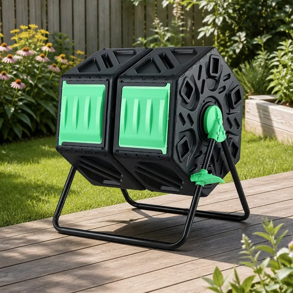 Dual-Chamber Compost Bin Black Green 130L Rotating Tumbler Garden Waste Composter