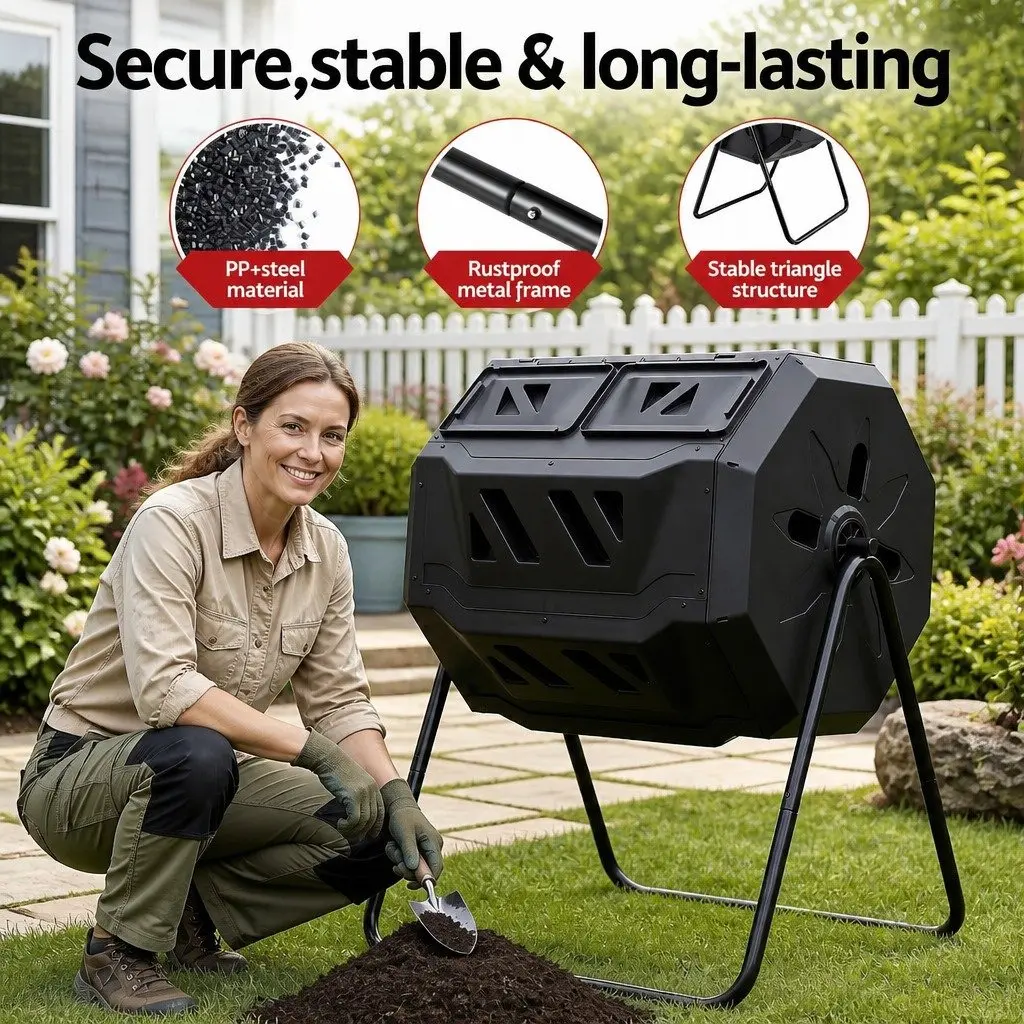 Dual-Chamber Compost Bin Tumbler 160L Rotating Garden Waste Composter Black