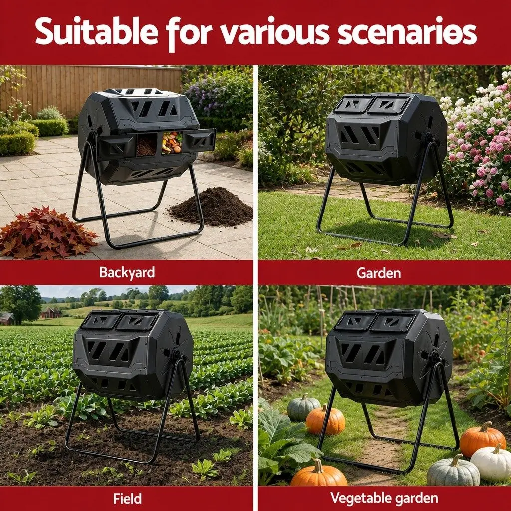 Dual-Chamber Compost Bin Tumbler 160L Rotating Garden Waste Composter Black