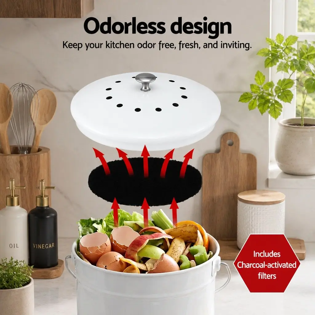 Kitchen Compost Caddy White 6L Ventilated Lid Countertop Food Waste Bin