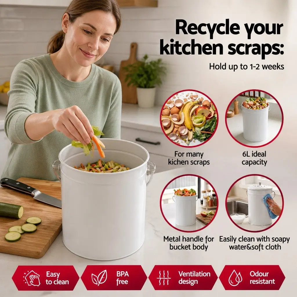 Kitchen Compost Caddy White 6L Ventilated Lid Countertop Food Waste Bin