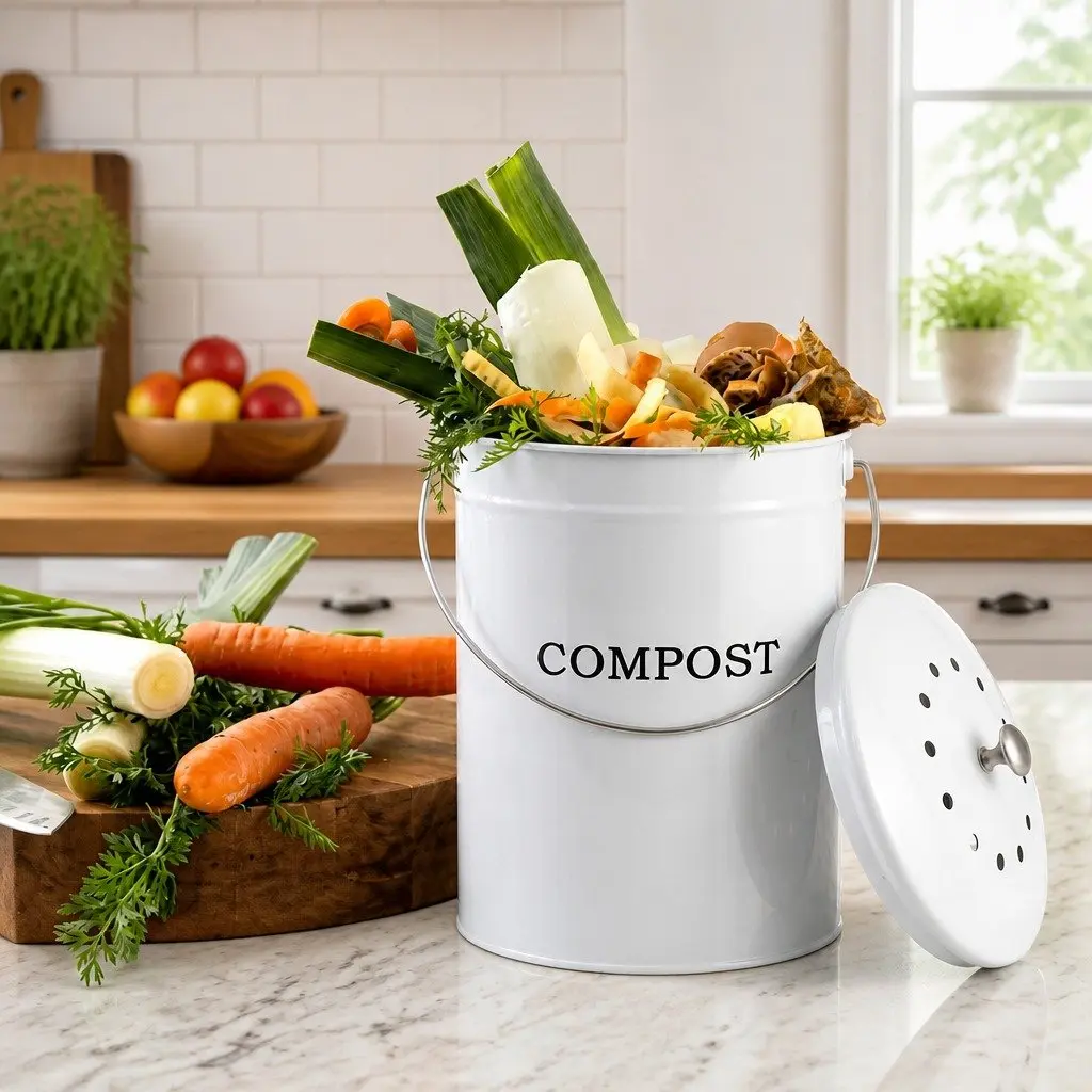 Kitchen Compost Caddy White 6L Ventilated Lid Countertop Food Waste Bin