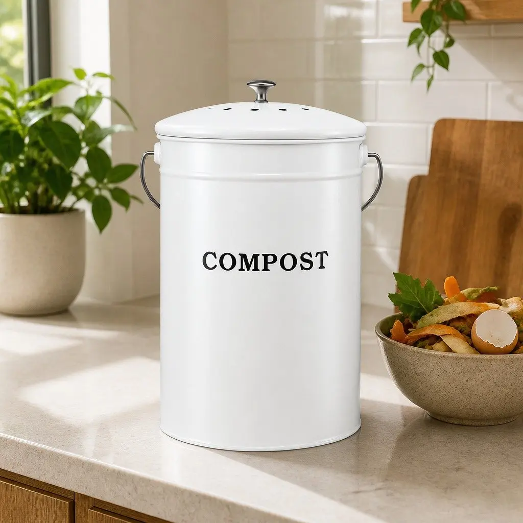 Kitchen Compost Caddy White 6L Ventilated Lid Countertop Food Waste Bin