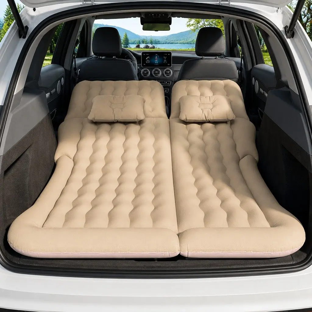 Inflatable Mattress Beige 175x130 Soft Flocked Surface for SUV Back Seat Camping with Pillows and Pump