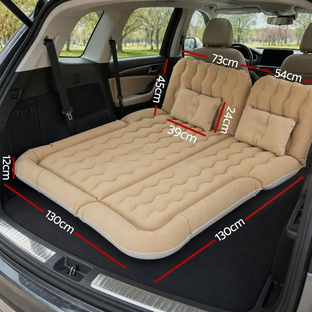 Inflatable Mattress Beige 175x130 Soft Flocked Surface for SUV Back Seat Camping with Pillows and Pump