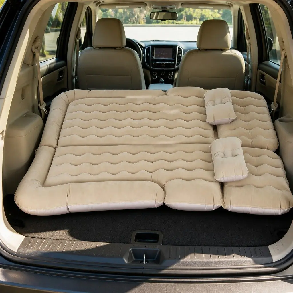 Inflatable Mattress Beige 175x130 Soft Flocked Surface for SUV Back Seat Camping with Pillows and Pump
