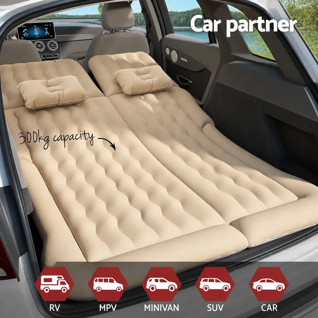 Inflatable Mattress Beige 175x130 Soft Flocked Surface for SUV Back Seat Camping with Pillows and Pump