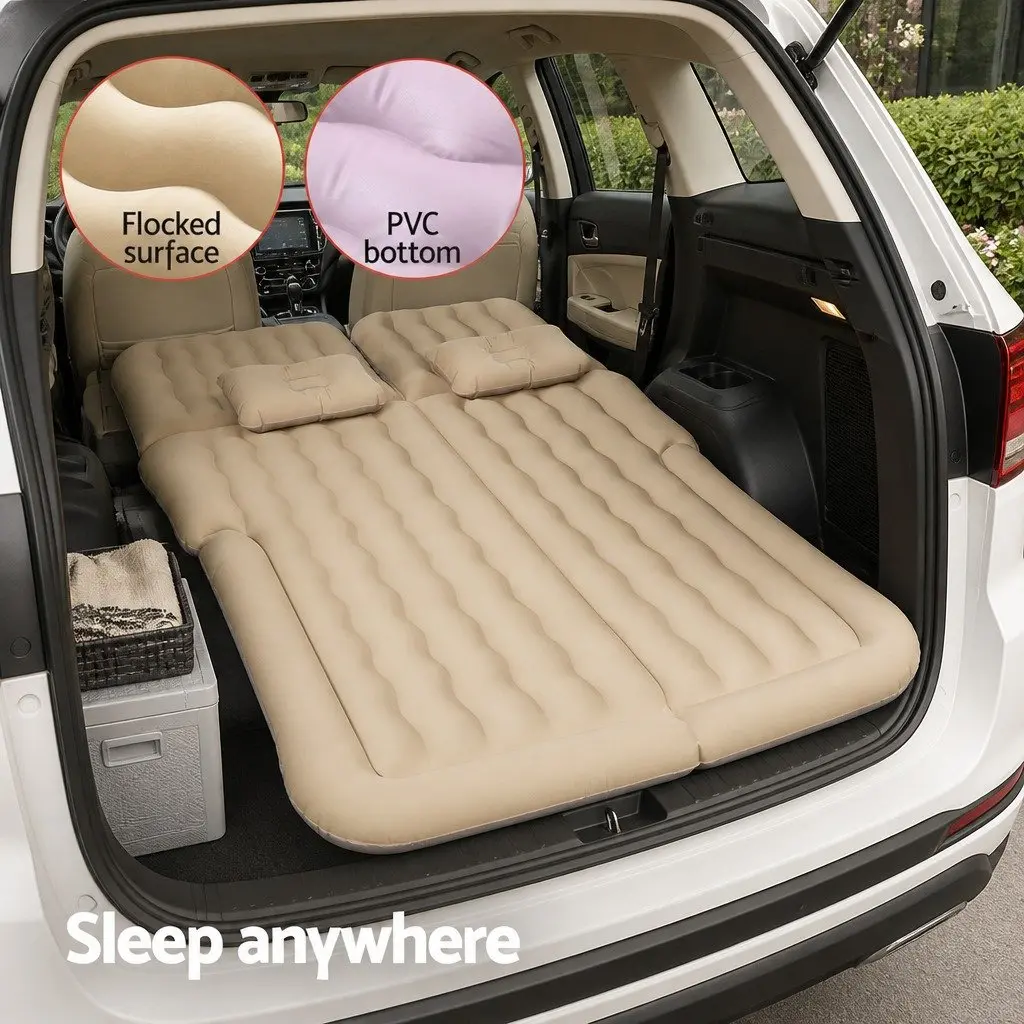 Inflatable Mattress Beige 175x130 Soft Flocked Surface for SUV Back Seat Camping with Pillows and Pump