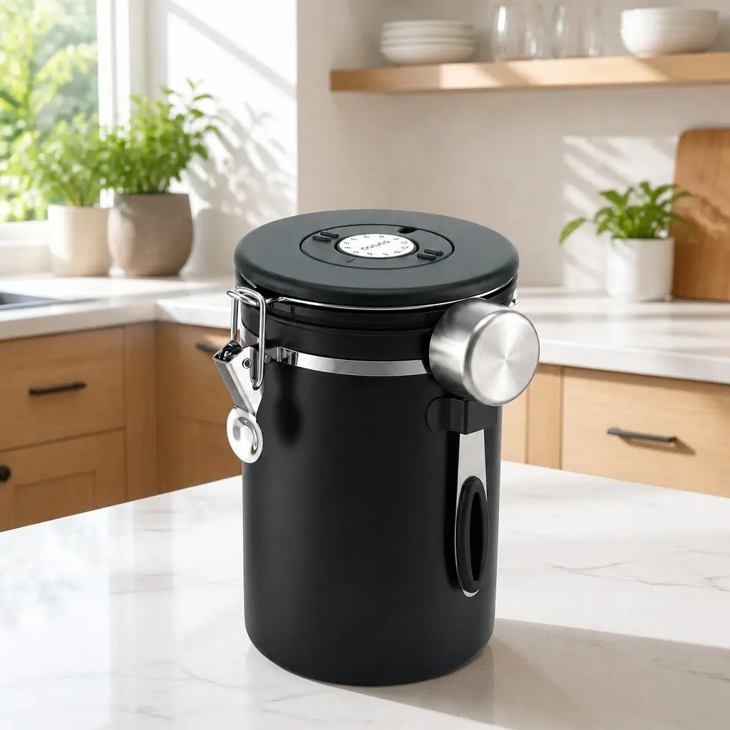 Stainless Steel Coffee Bean Storage Container Black 1.8L with Viewing Window and Freshness Valve