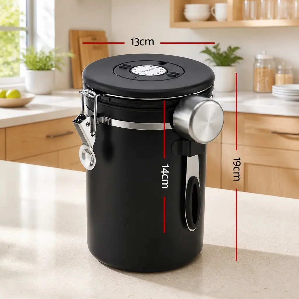 Stainless Steel Coffee Bean Storage Container Black 1.8L with Viewing Window and Freshness Valve
