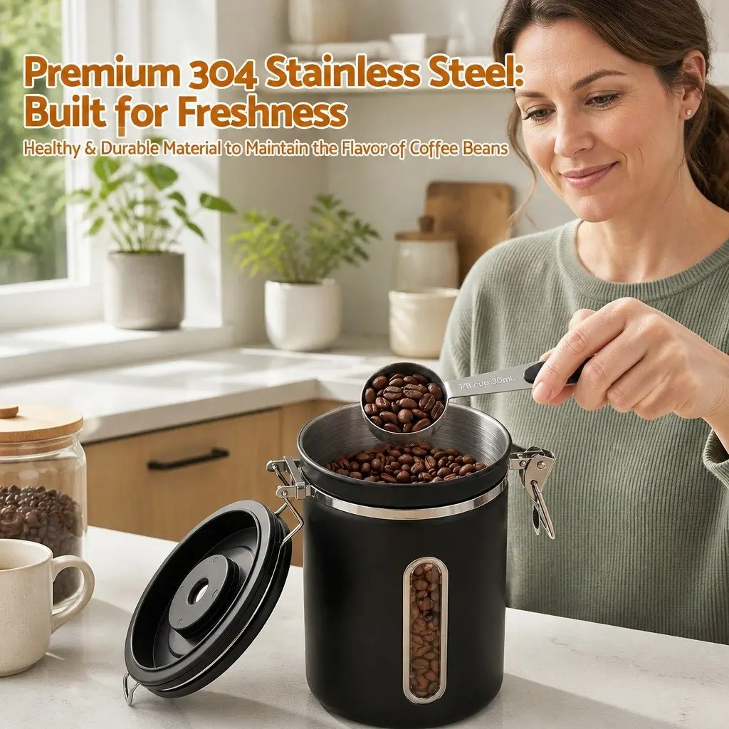 Stainless Steel Coffee Bean Storage Container Black 1.8L with Viewing Window and Freshness Valve