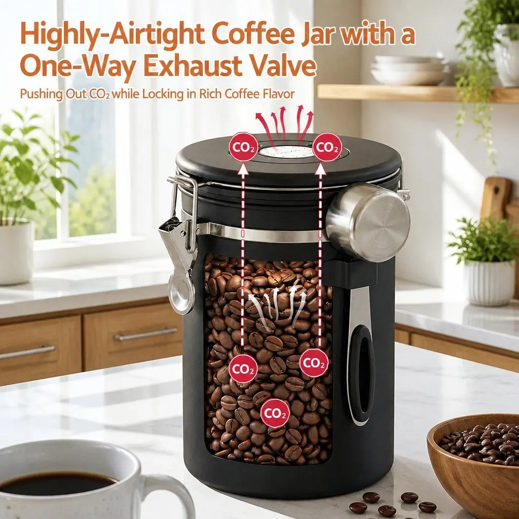 Stainless Steel Coffee Bean Storage Container Black 1.8L with Viewing Window and Freshness Valve