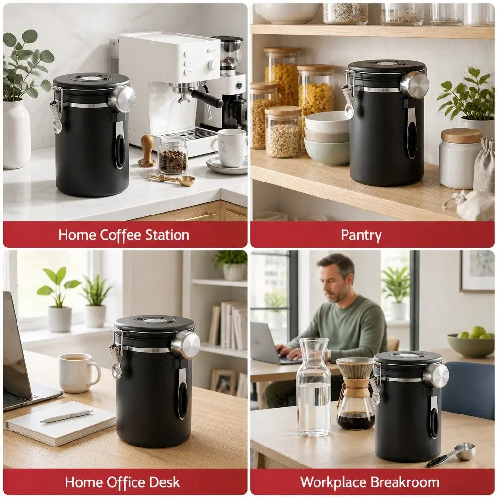 Stainless Steel Coffee Bean Storage Container Black 1.8L with Viewing Window and Freshness Valve